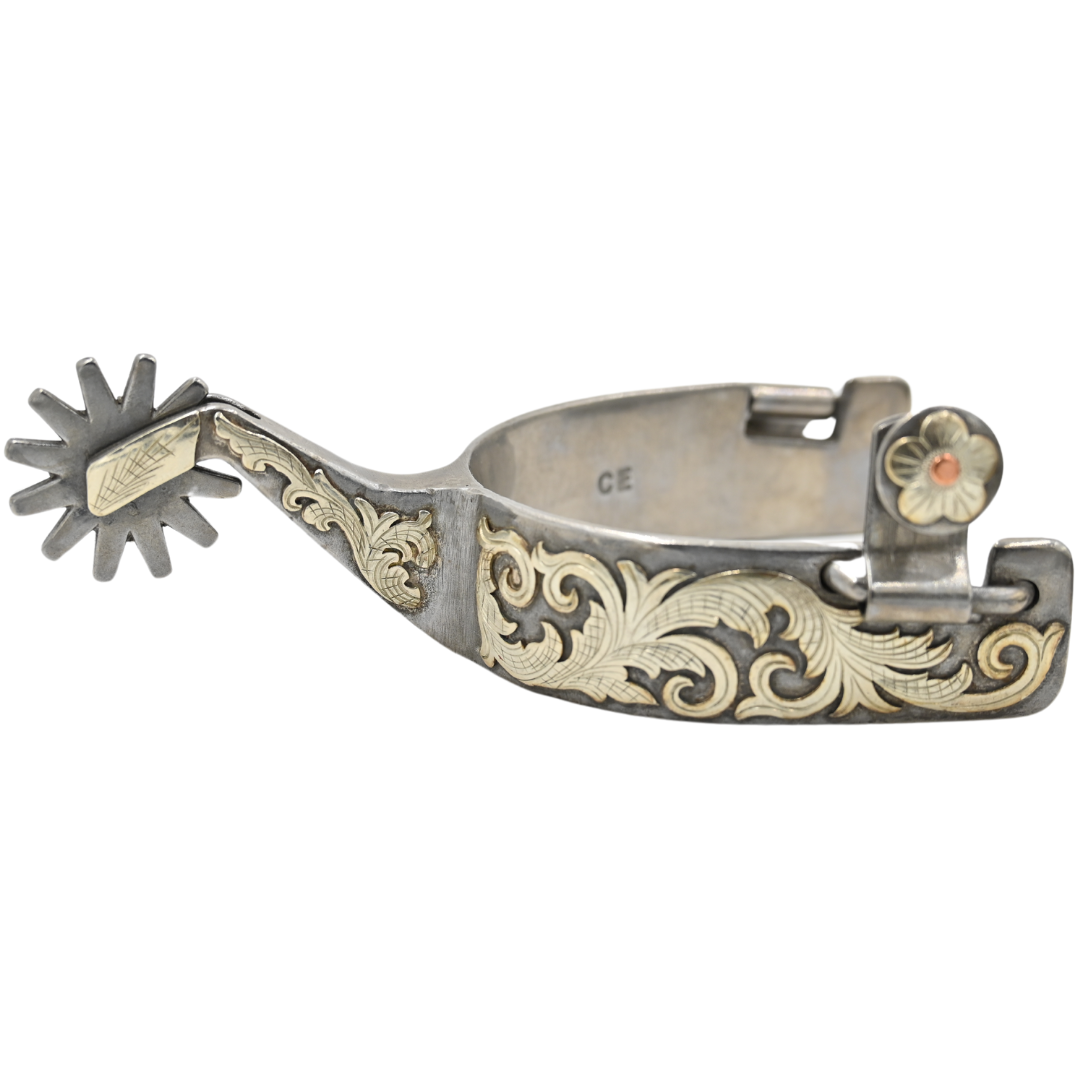 Classic Equine Performance Horse Spurs with Silver and Copper Scroll Overlay- 12pt