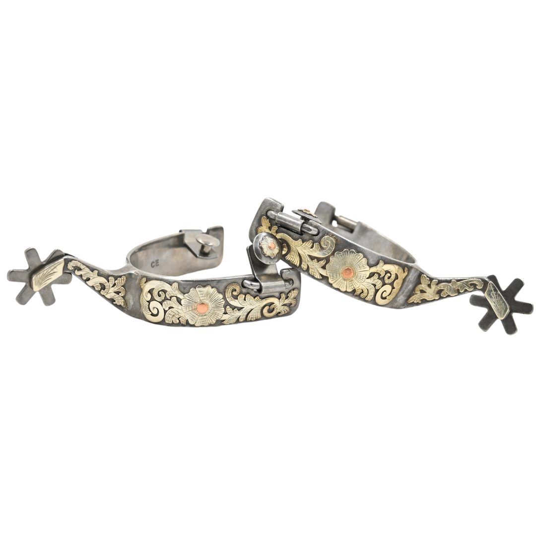 Classic Equine Performance Horse Spurs with Silver Flower Overlay- 6pt