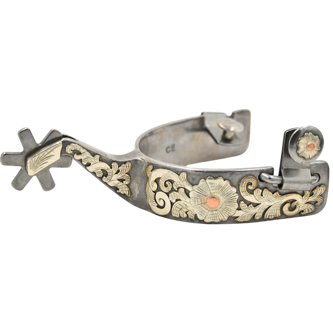 Classic Equine Performance Horse Spurs with Silver Flower Overlay- 6pt