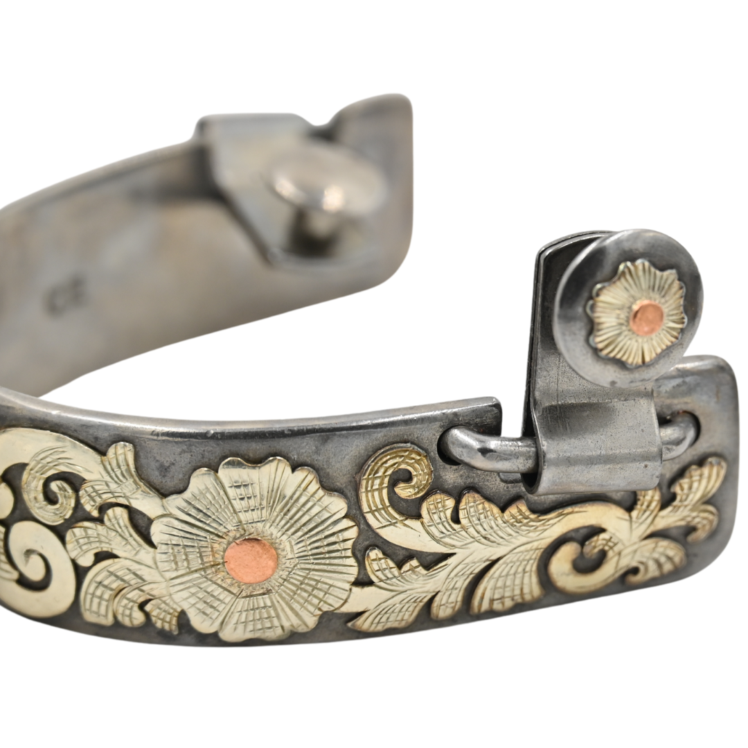Classic Equine Performance Horse Spurs with Silver Flower Overlay- 6pt