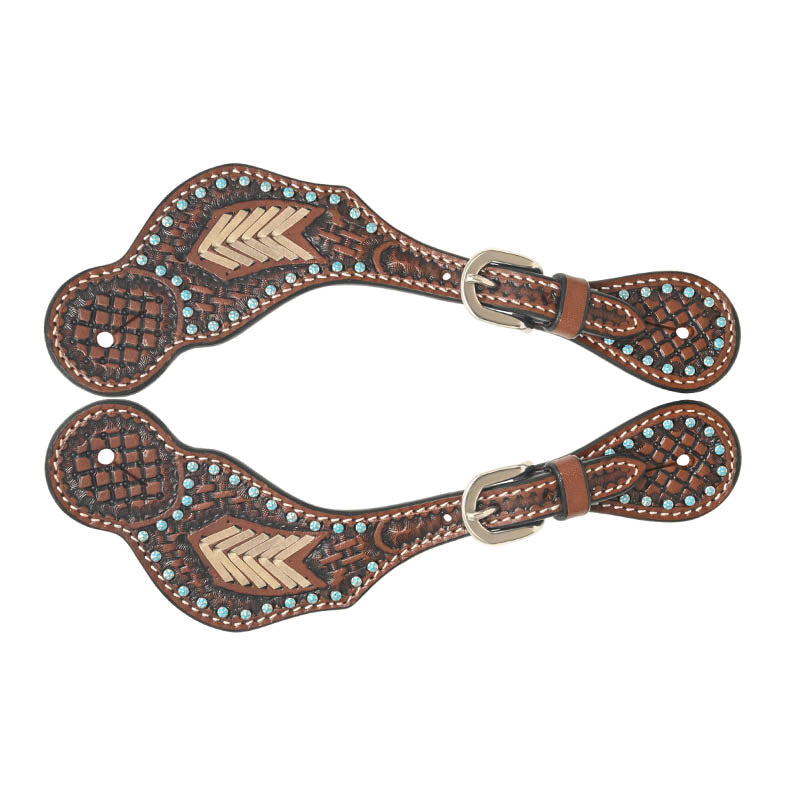 Rafter T Ranch Co. Ladies Spur Straps with Basket Tooling, Rawhide Weaving, Turquoise Beads
