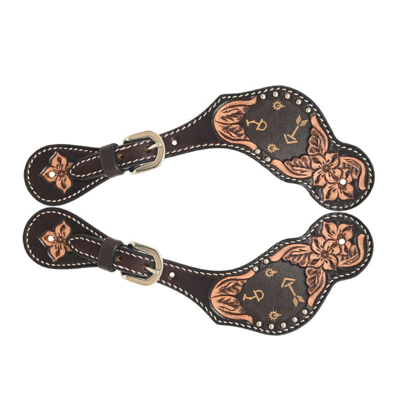 Rafter T Ranch Co.Ladies Spur Strap with Floral Carving, Tan Printed Arrows Inlay