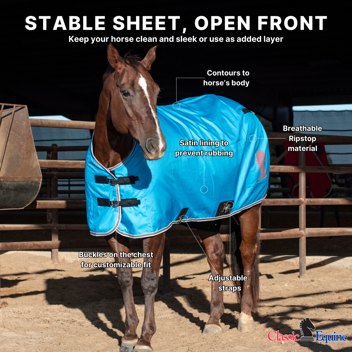 Classic Equine Open Front Nylon Stable Sheet- Black