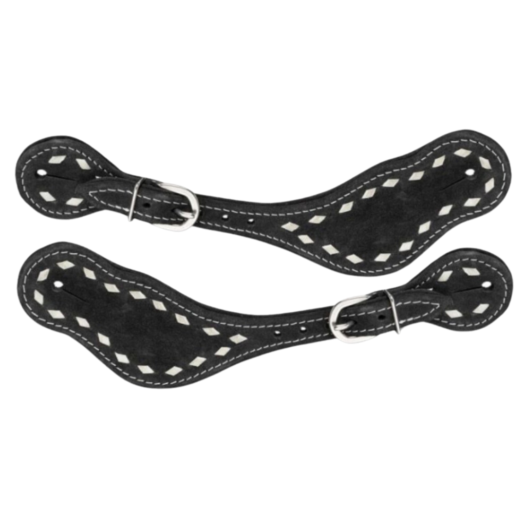 Tough 1 Black Suede Spur Straps with White Buckstitch
