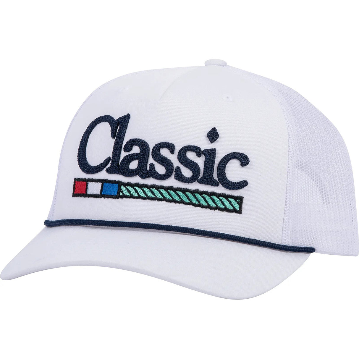 Classic Ropes White Mesh Snapback Cap with Navy Embroidered Logo