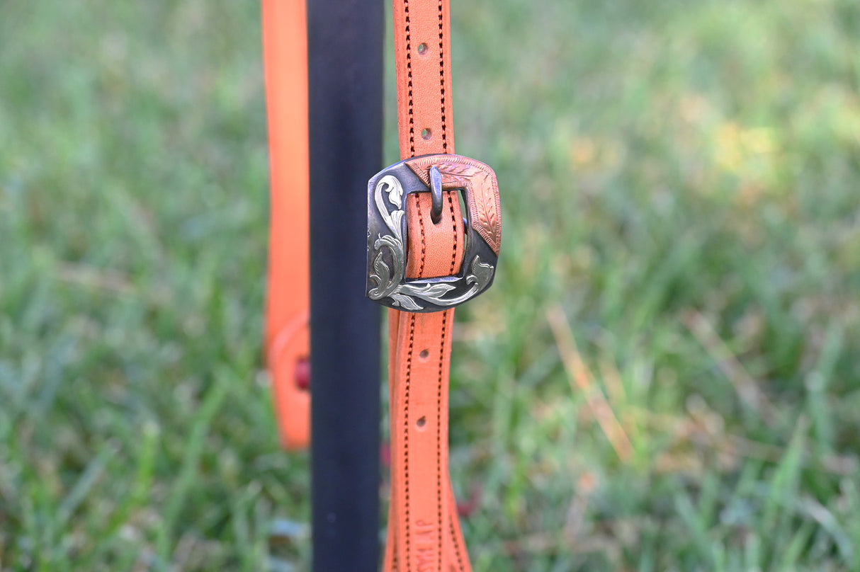 Coolhorse Leather Floral Tooled Slot Ear Headstall with Copper Sinclair Buckle