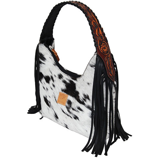 Rafter T Ranch Co. Large Hobo Bag with Black Cowhide and Tooled Strap