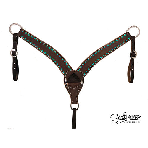 Chocolate Rough Out Breast Collar with Turquoise Buckstitch