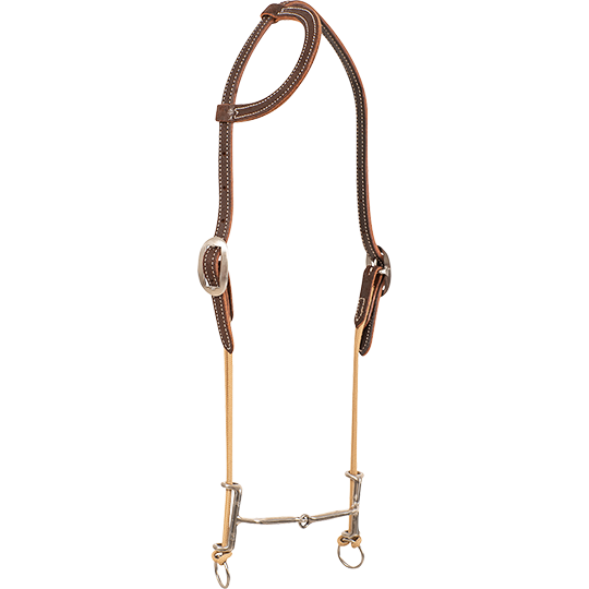 Classic Equine Loomis Draw Gag Smooth Snaffle Bit on Chocolate Slip Ear Headstall
