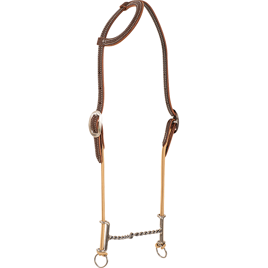 Classic Equine Loomis Draw Gag Twisted Snaffle Bit on Chocolate Slip Ear Headstall
