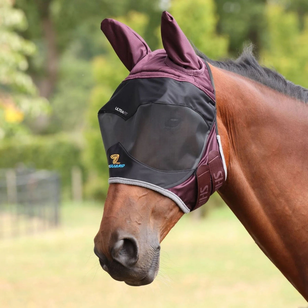 Shires FlyGuard Pro Deluxe Fly Mask with Ears- Black Cherry