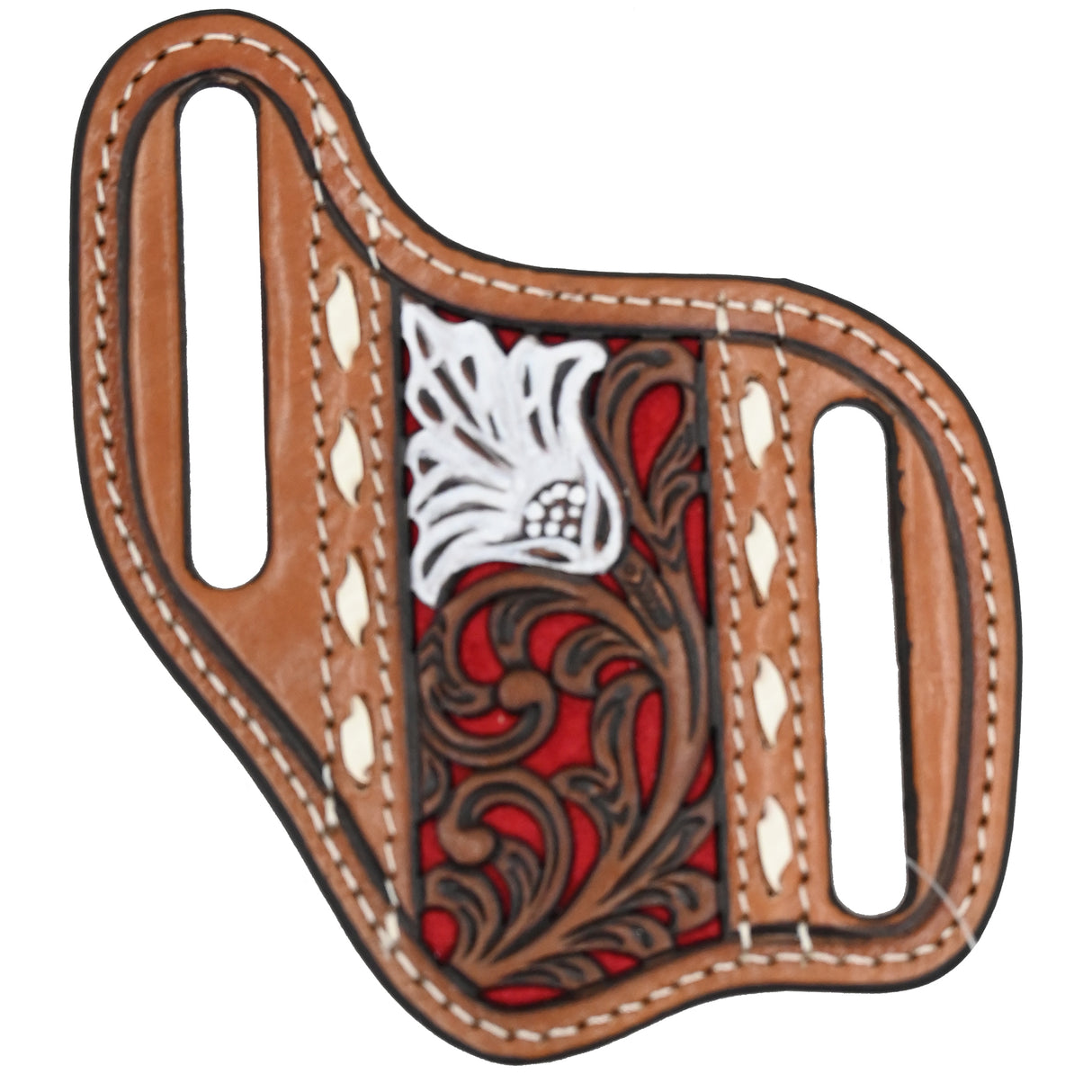 Nocona Leather Pancake Knife Sheath with Red Floral Inlay