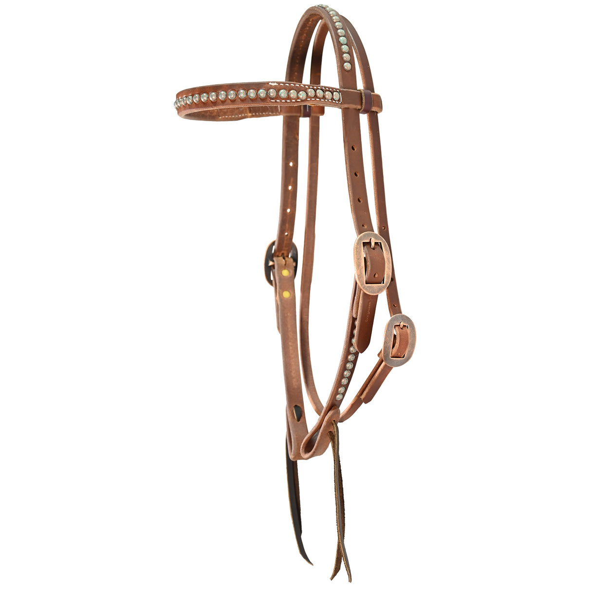 Cowperson Tack Browband Headstall with Copper Buckles and Patina Turquoise Spots