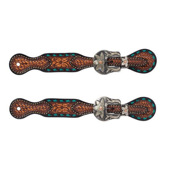 Weaver Leather Floral Tooled Ladies Spur Straps with Turquoise Buckstitch