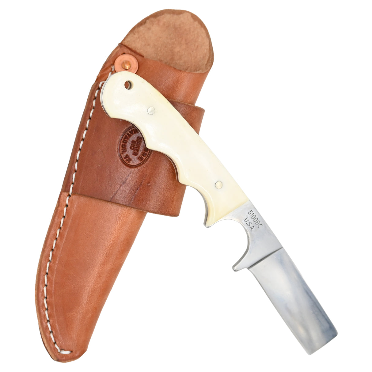 Moore Maker Bull Cutter Knife and Sheath- White Bone Handle