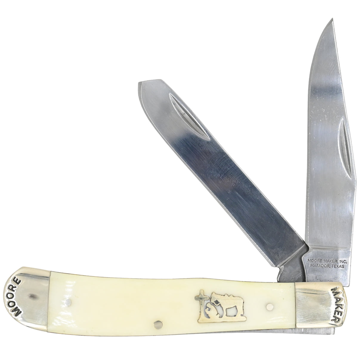 Moore Maker White Bone Trapper Knife with Praying Cowboy
