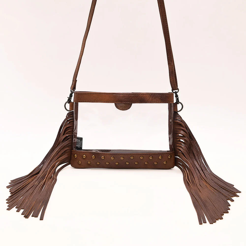 American Darling Genuine Clear Leather Bag with Brass Spots and Fringe