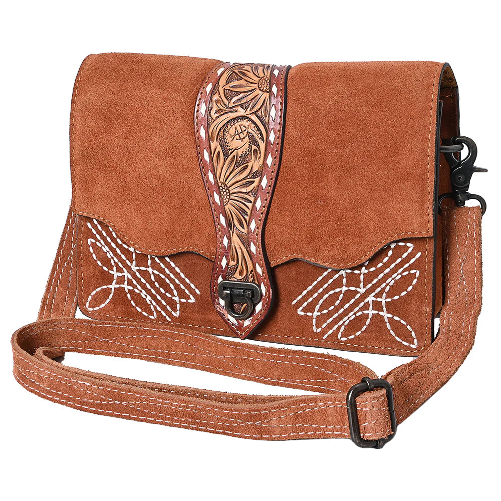 American Darling Rust Suede Crossbody Purse with Tooled Flap