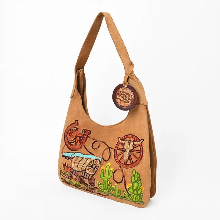 American Darling Embroidered Genuine Camel Suede Hobo Purse