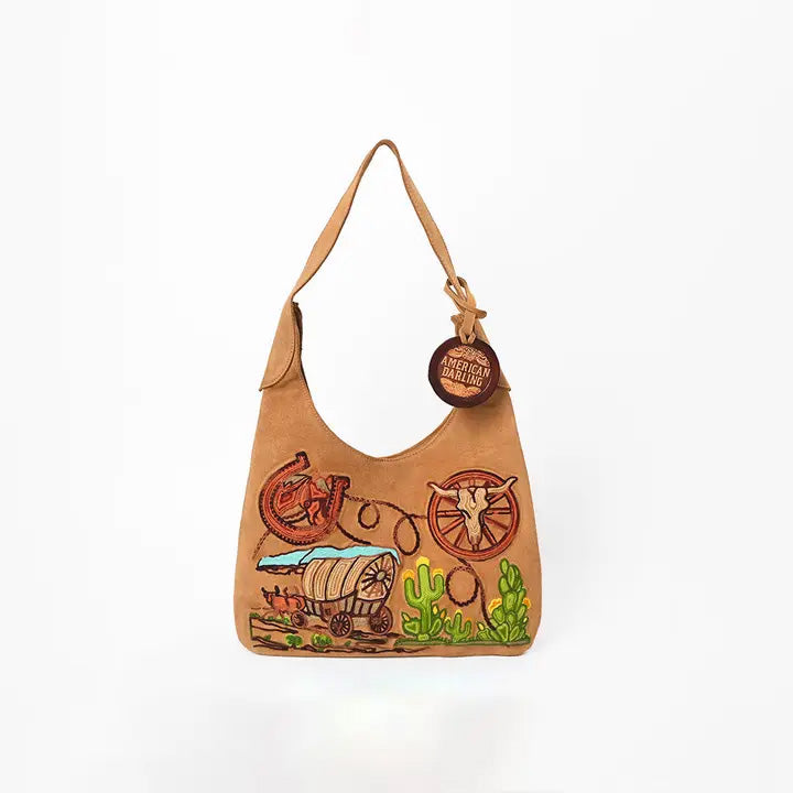 American Darling Embroidered Genuine Camel Suede Hobo Purse