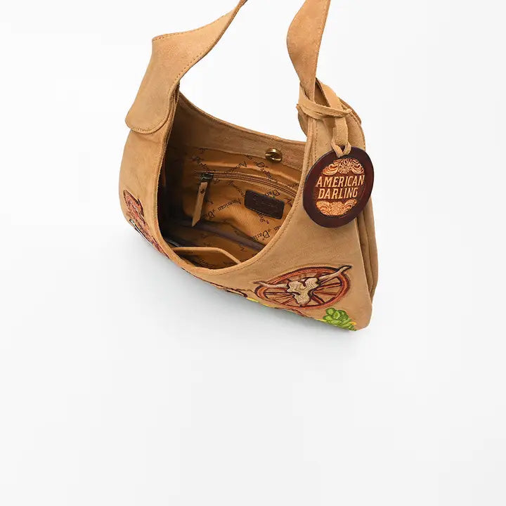 American Darling Embroidered Genuine Camel Suede Hobo Purse