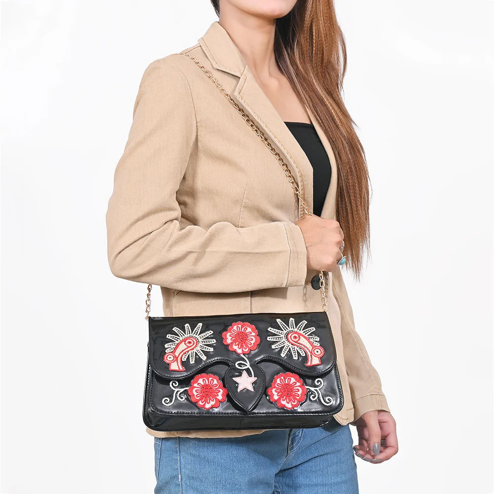 American Darling Embroidered Patent Genuine Leather Crossbody Purse
