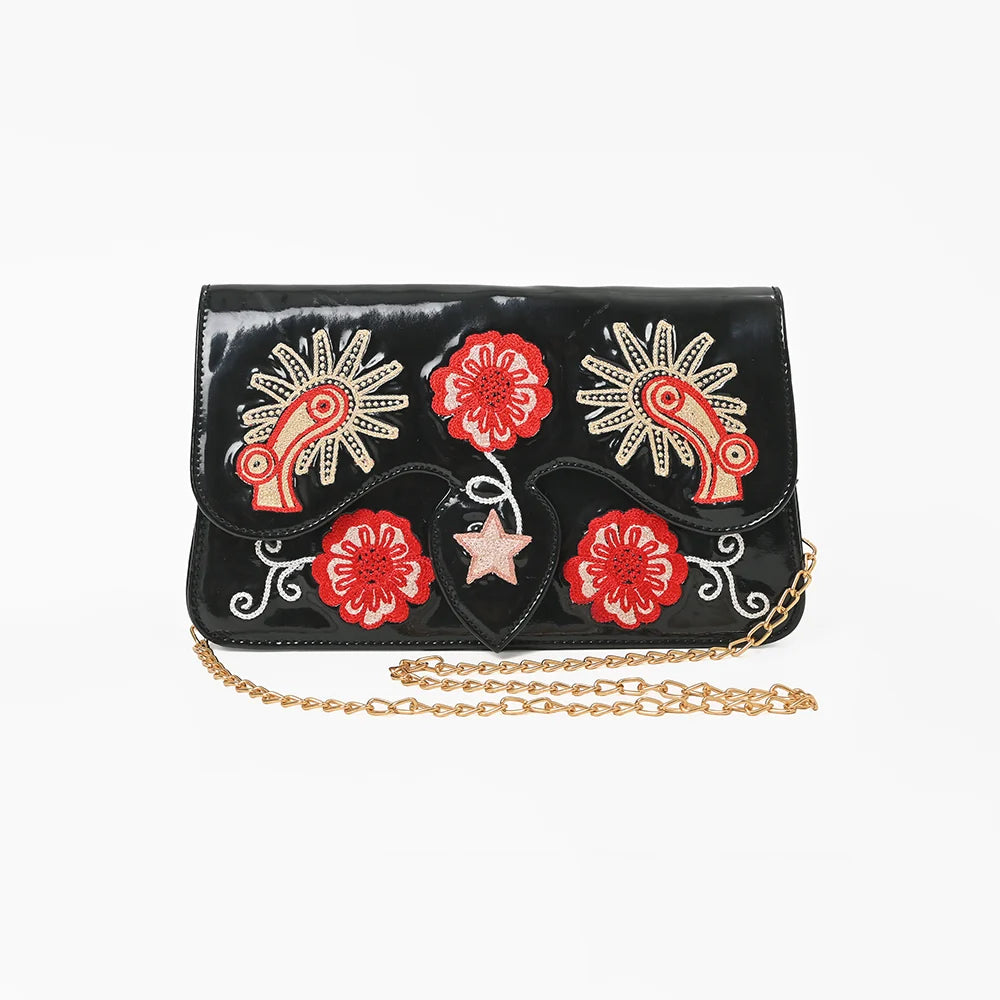 American Darling Embroidered Patent Genuine Leather Crossbody Purse