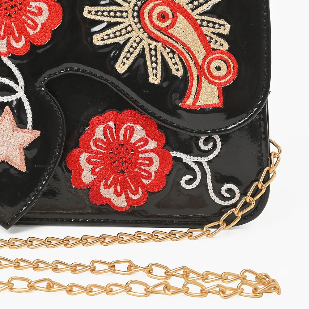 American Darling Embroidered Patent Genuine Leather Crossbody Purse