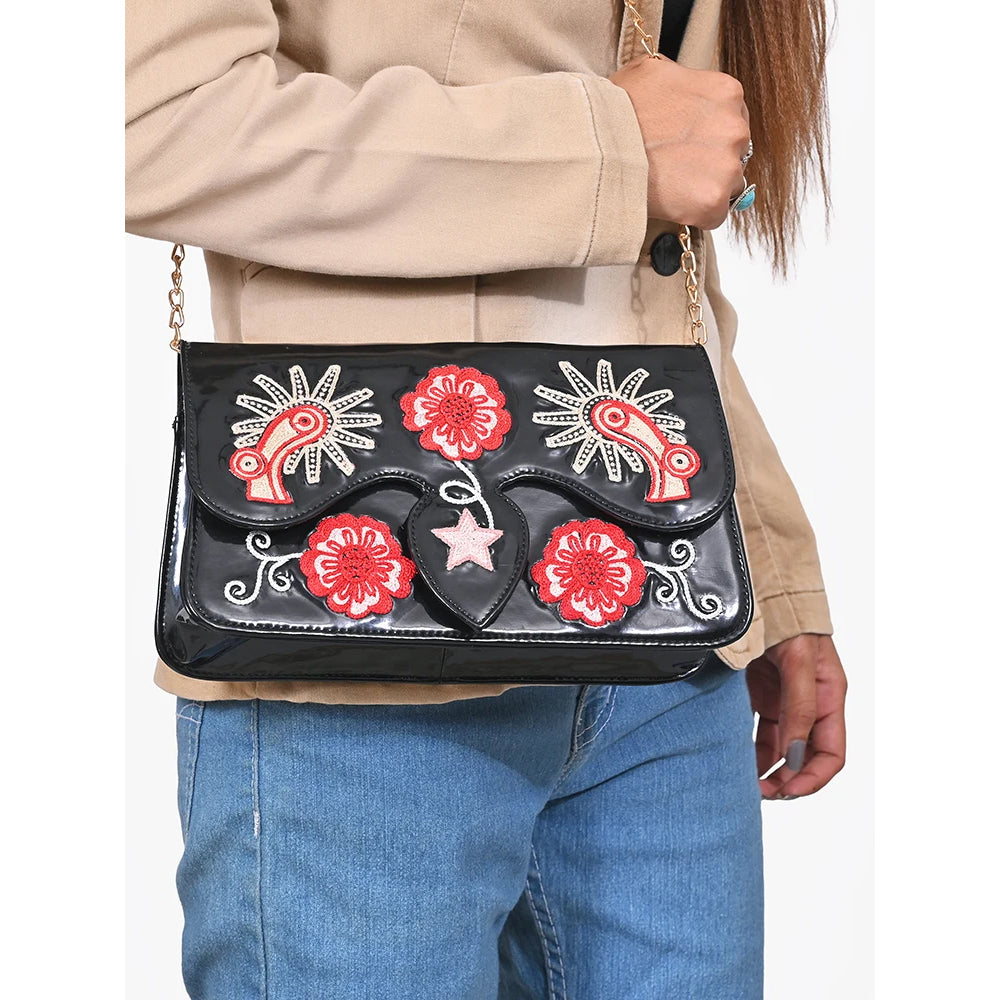 American Darling Embroidered Patent Genuine Leather Crossbody Purse