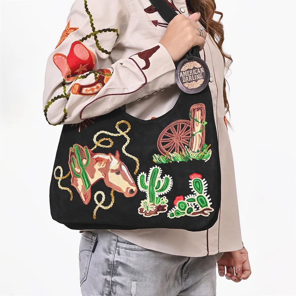 American Darling Embroidered Genuine Suede Hobo Purse