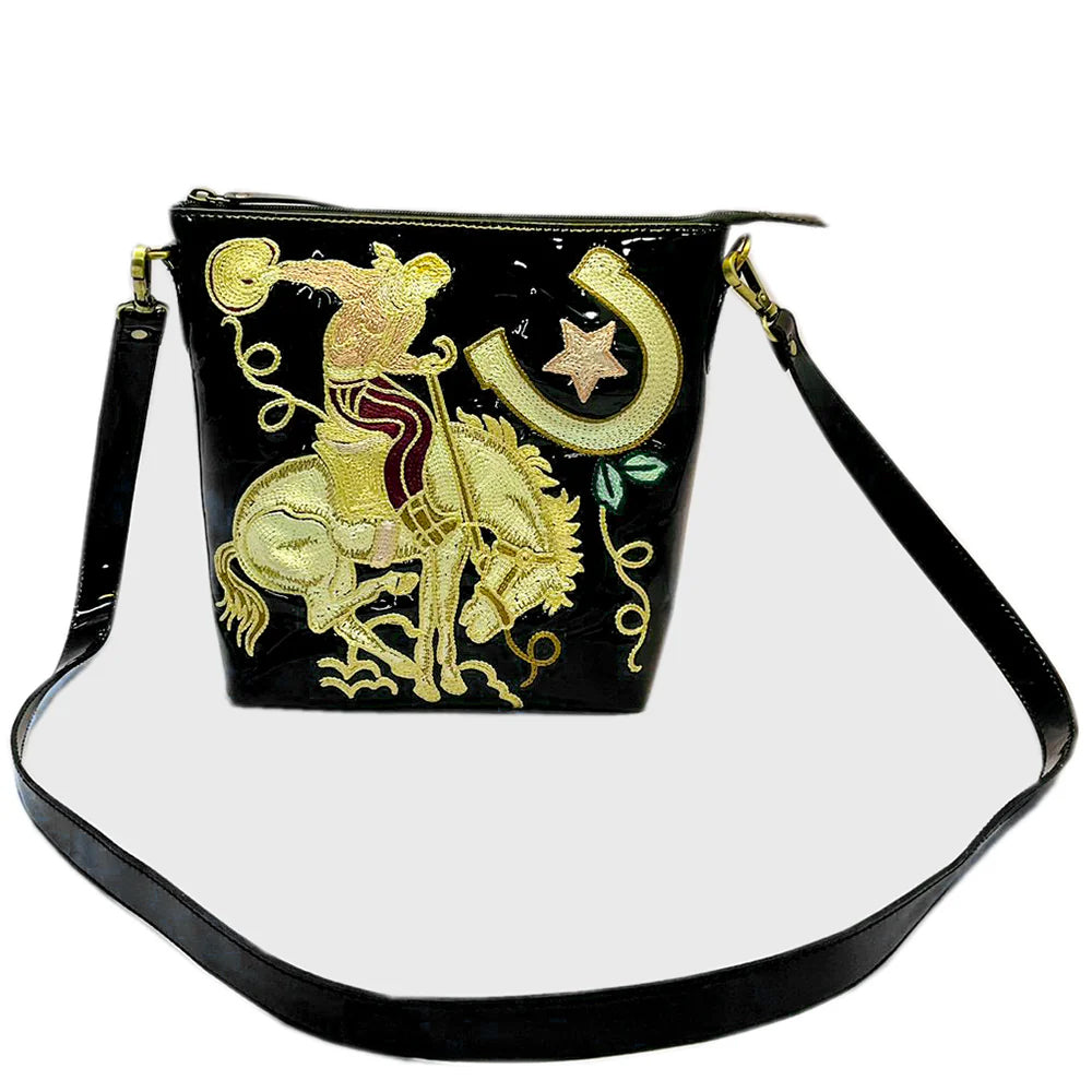 American Darling Black Patent Leather Bucking in the Stars Purse