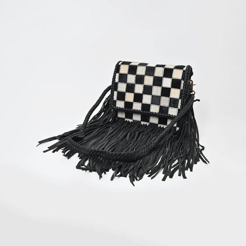 American Darling Checkered Hair on Hide Fringe Purse