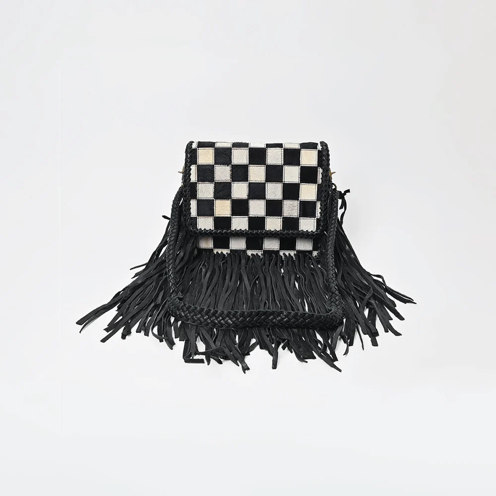 American Darling Checkered Hair on Hide Fringe Purse