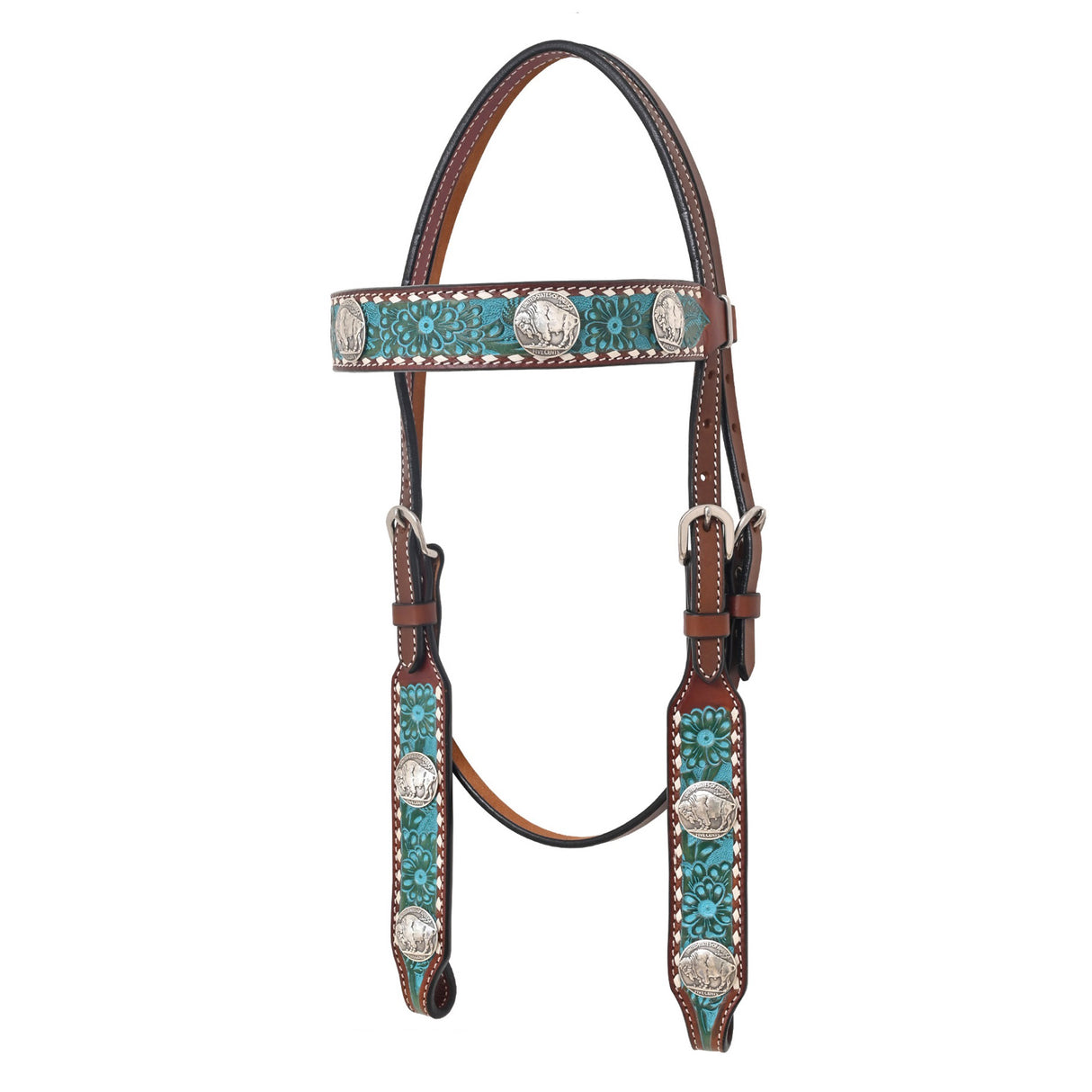 Rafter T Ranch Co. Turquoise Washed Browband Headstall with Buffalo Nickel Conchos