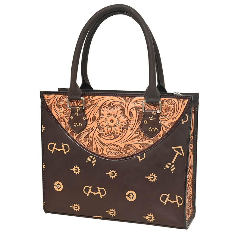 Rafter T Ranch Co. Tote Hand Bag with Floral Carving, Tan Printed Arrows