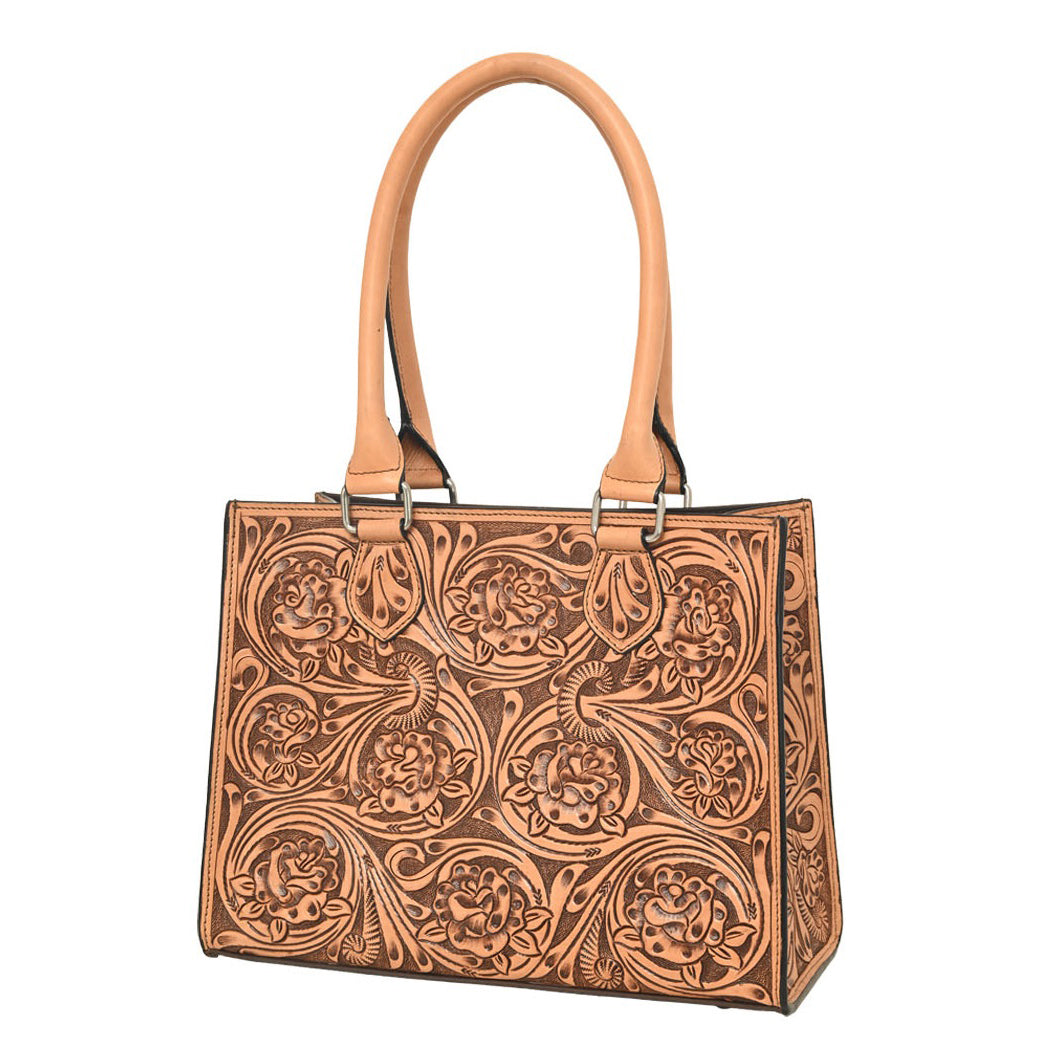 Rafter T Ranch Co. Legacy Tote Hand Bag with Rose Floral Carving- Natural