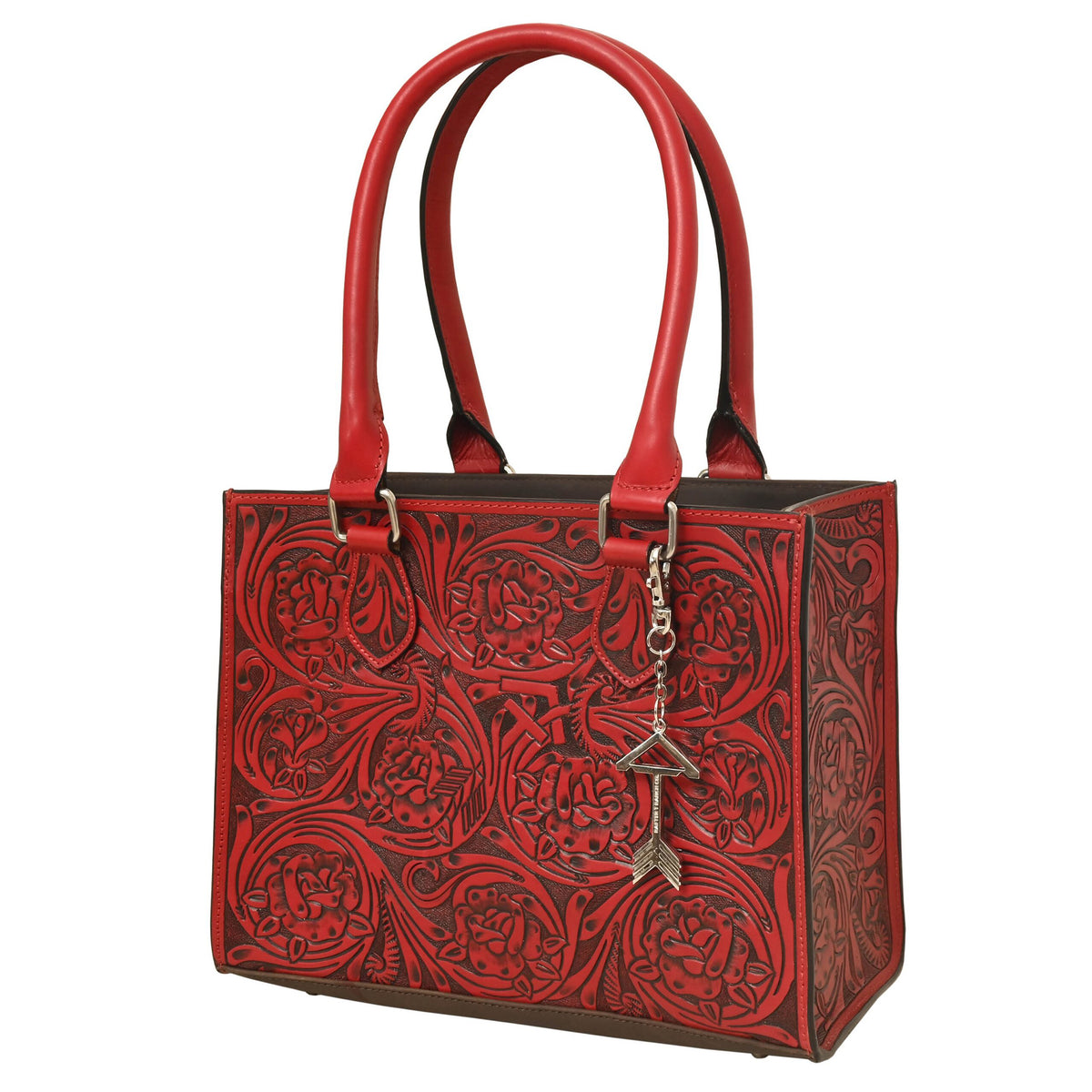 Rafter T Ranch Co. Legacy Tote Hand Bag with Rose Floral Carving- Red