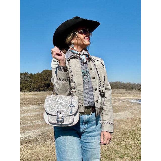 Rafter T Ranch Co. Heritage Hand Bag with Sunflower Floral Carving- Silver