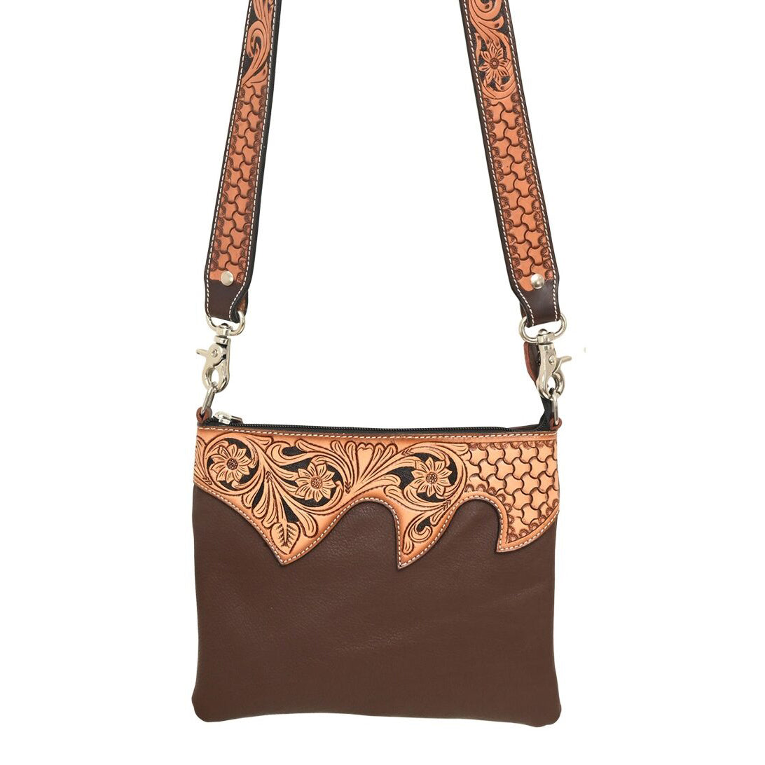 Rafter T Ranch Co Brown Crossbody Purse with Tooled Leather Strap