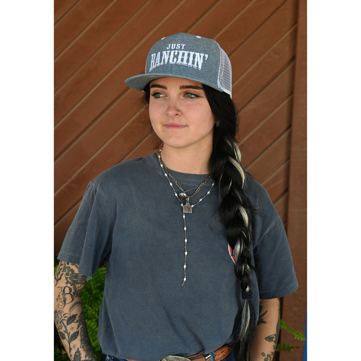 Rodeo Time Just Ranchin' Light Denim and White Mesh Snapback Cap