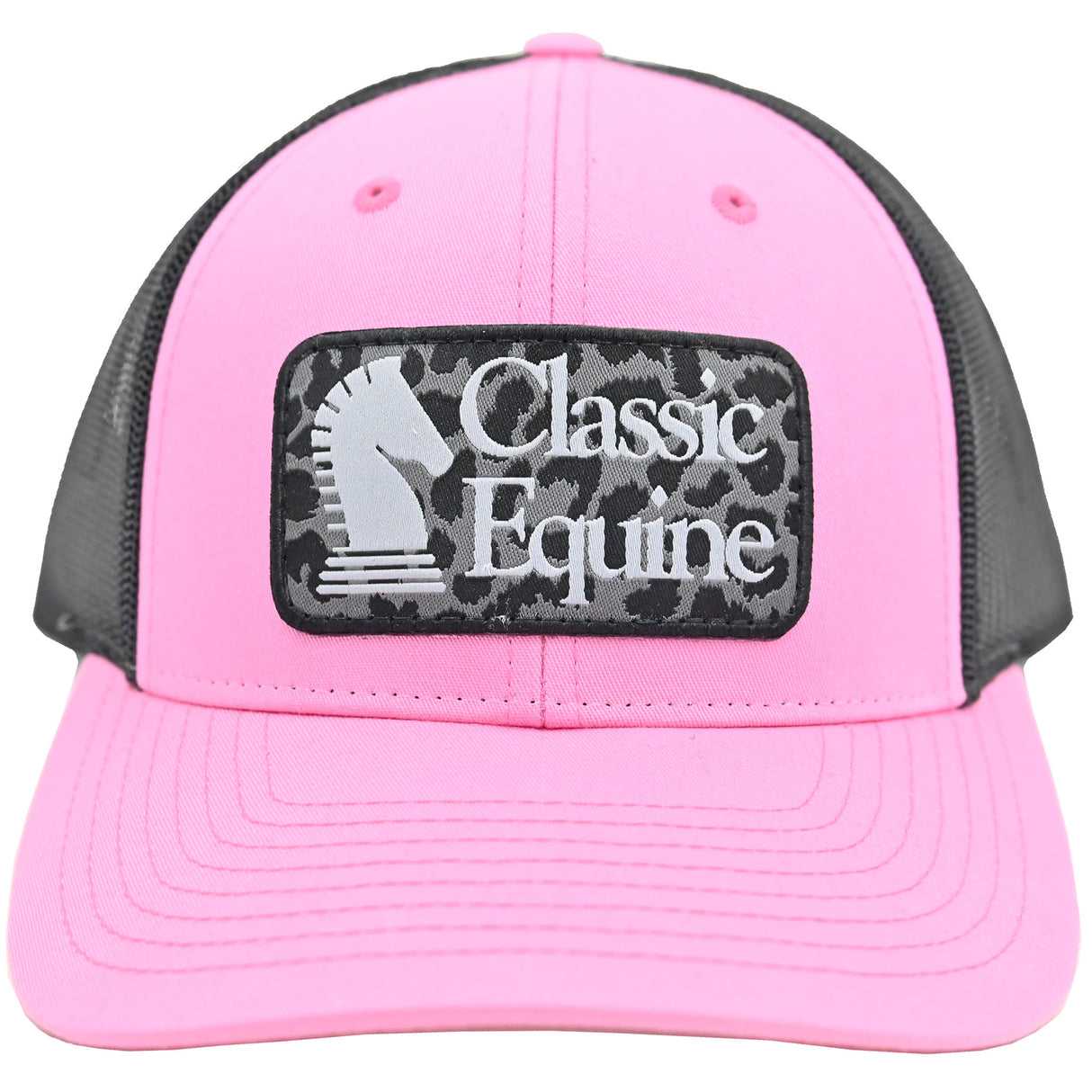 Classic Equine Pink and Black Mesh Snapback Cap with Grey Leopard Patch