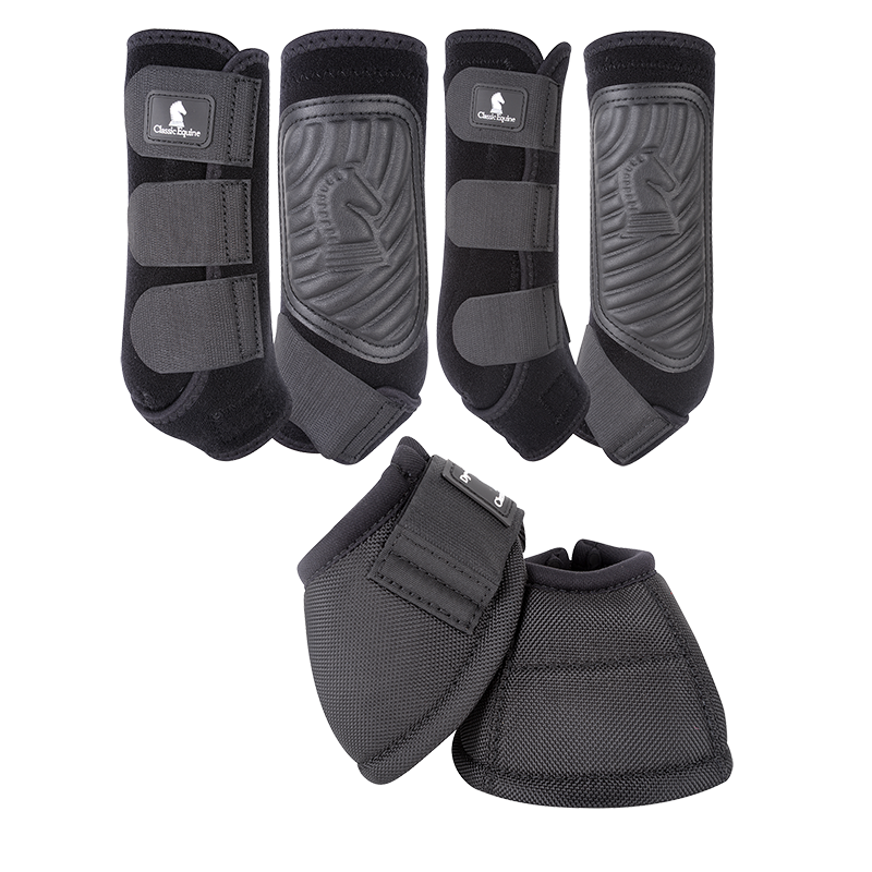 Classic Equine Classic Fit Front, Hind, and Bell Boot Combo Pack- Black
