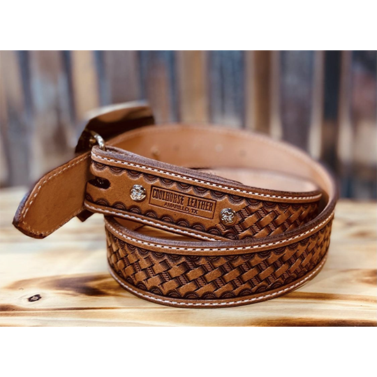 Coolhorse Leather 1 1/2" Basket Stamped Belt- Pre-Made, Handmade in Amarillo, TX