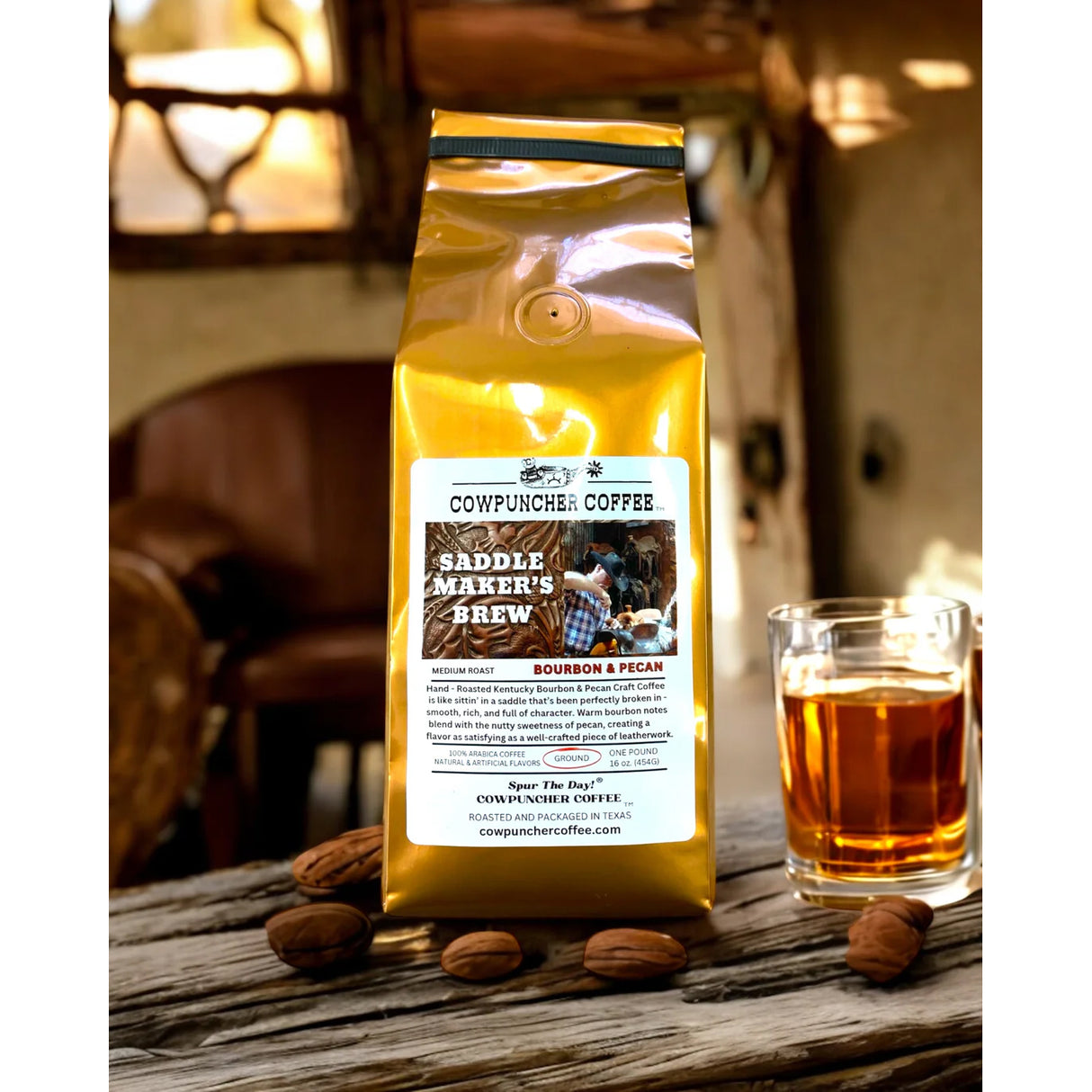 Cowpuncher Coffee Saddle Maker's Brew Bourbon & Pecan Medium Roast Coffee Grounds- 1lb