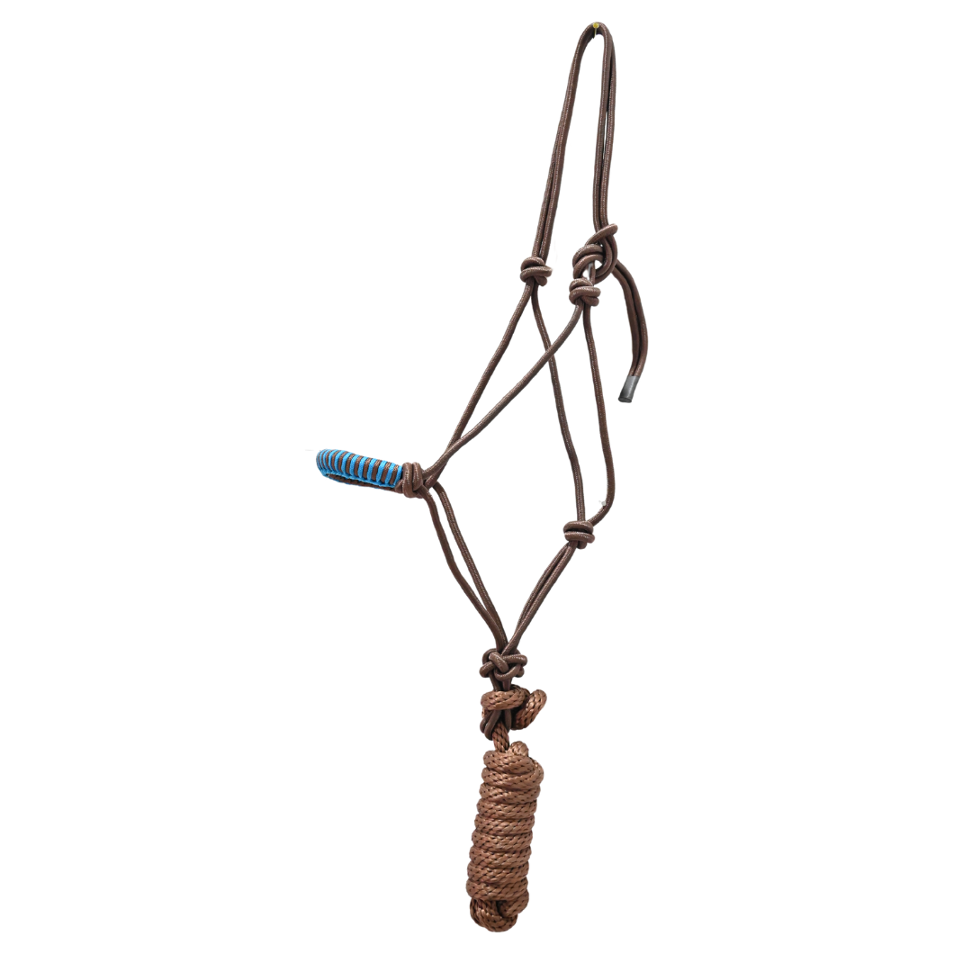 Coolhorse Brown/Turquoise Braided Nose Rope Halter- 7' Brown Lead