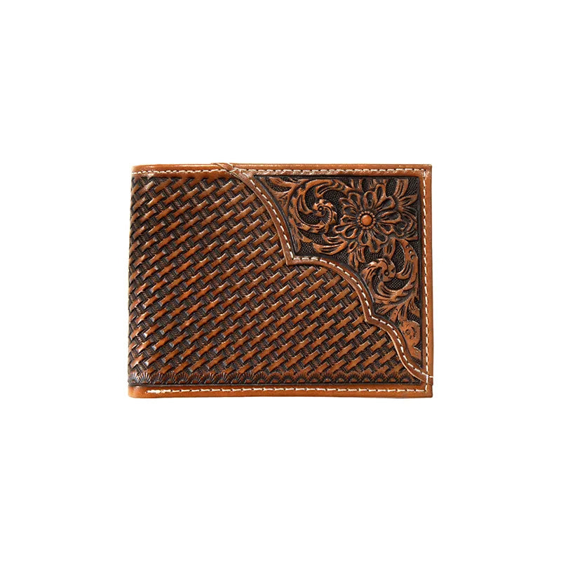 3D Leather Men's Tan Basket Weave Bifold Wallet