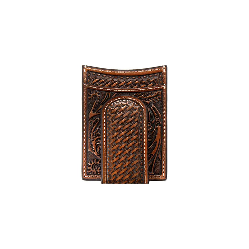 3D Leather Men's Tan Basket Weave Money Clip Wallet