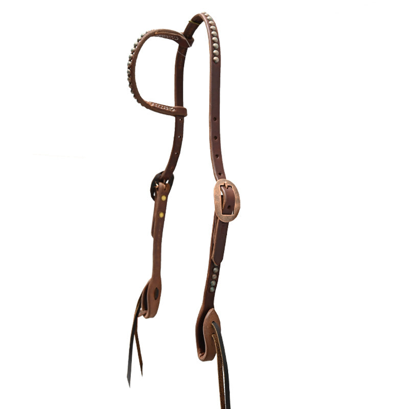 Cowperson Tack Slip Ear Headstall with Copper Buckle and Patina Turquoise Spots
