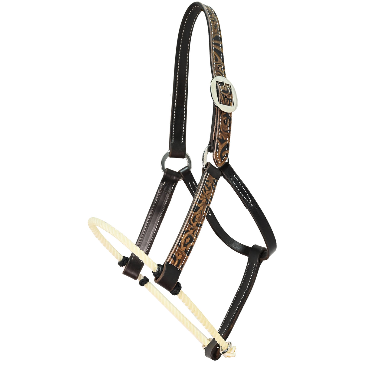 San Saba Equine Lariat Nose Chocolate Leather Halter with Brown Floral Overlay and Buckstitch