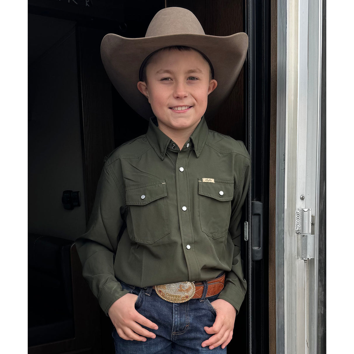 San Jac Youth Long Sleeve Performance Pearl Snap Shirt - Olive Green